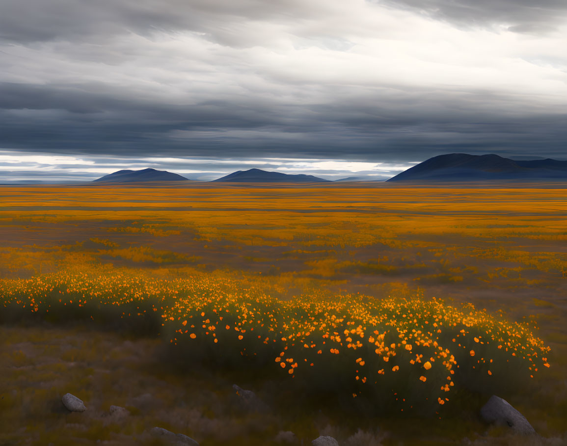 Yellow Flowers Field Under Dramatic Sky and Mountains