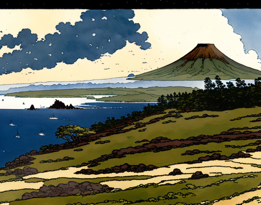 Illustration of serene landscape with volcano, sailboats, and rolling hills