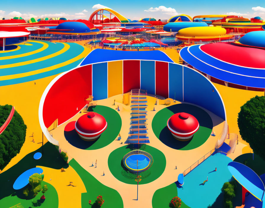 Colorful Theme Park with Slides and Pavilions under Blue Sky