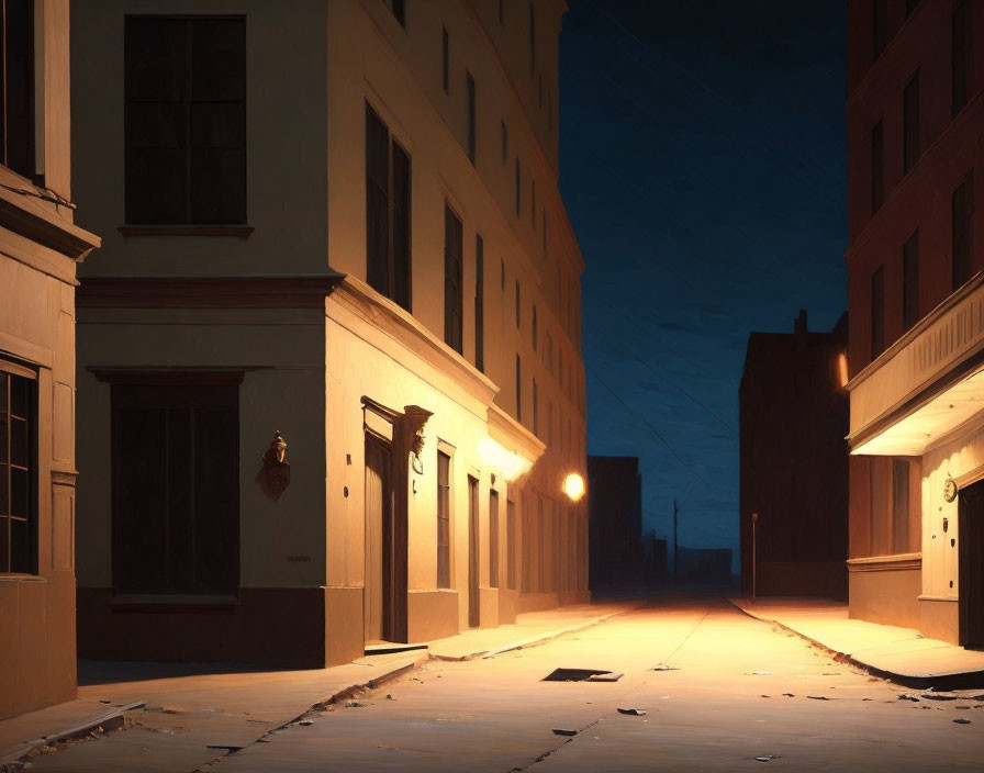 Dimly lit urban street corner at night with warm streetlights and scattered papers