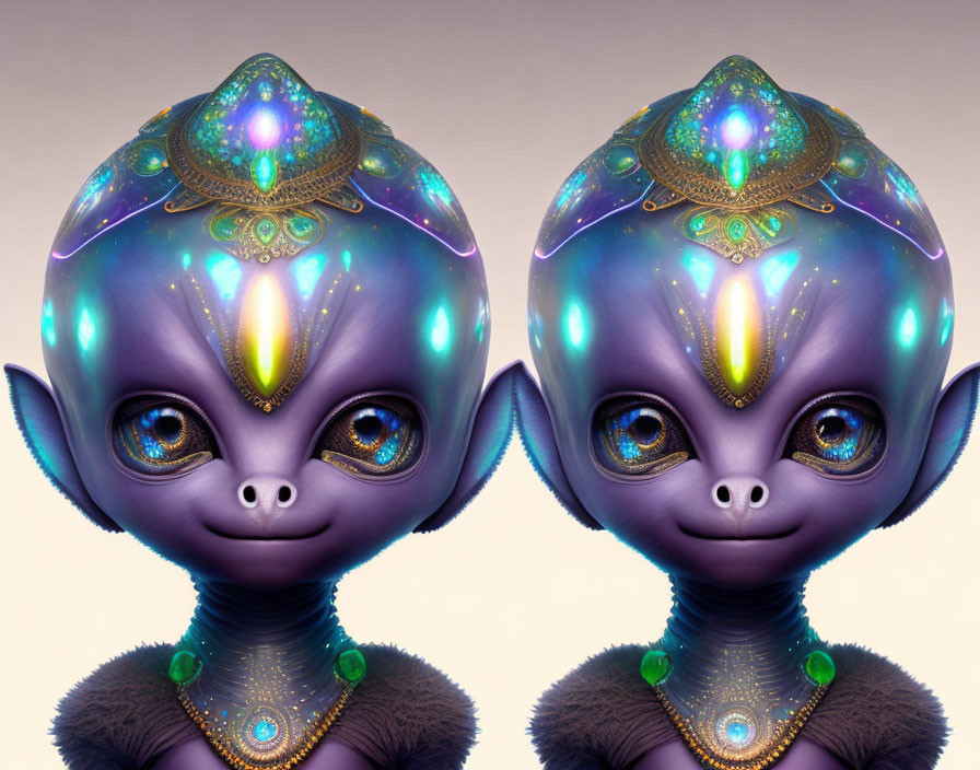 Identical alien figures with large eyes, purple skin, and decorative headgear.