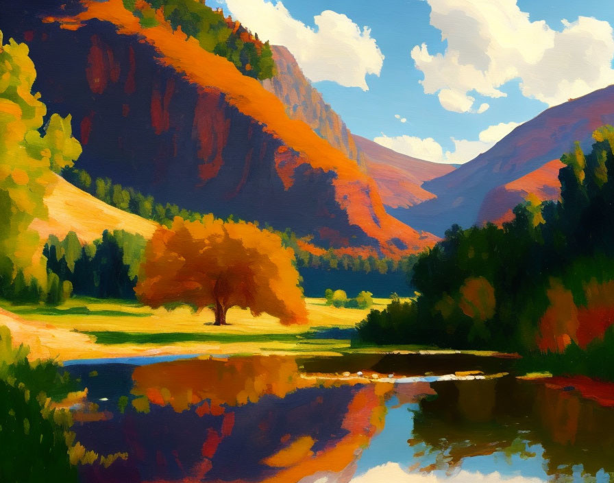 Colorful autumn landscape with solitary tree by reflective lake