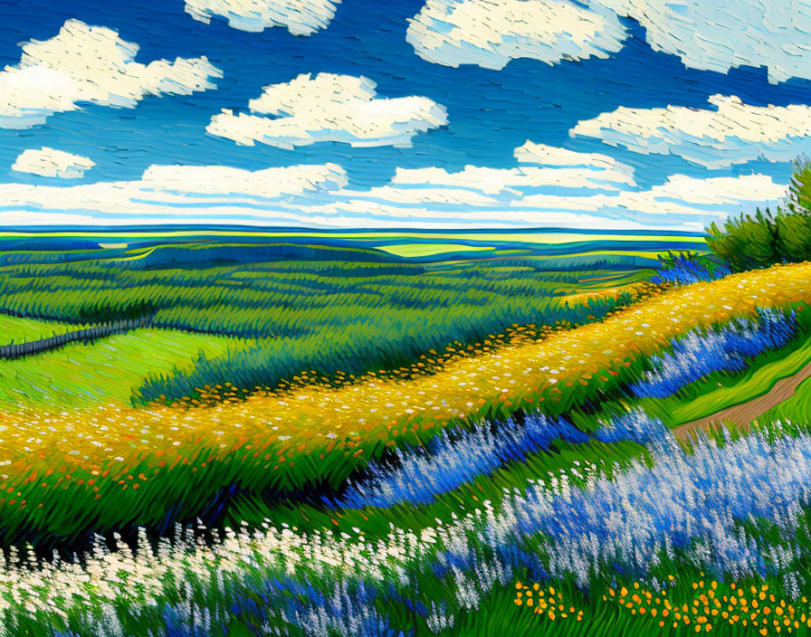 Impressionist-style painting of lush landscape with green hills, wildflowers, and dynamic sky