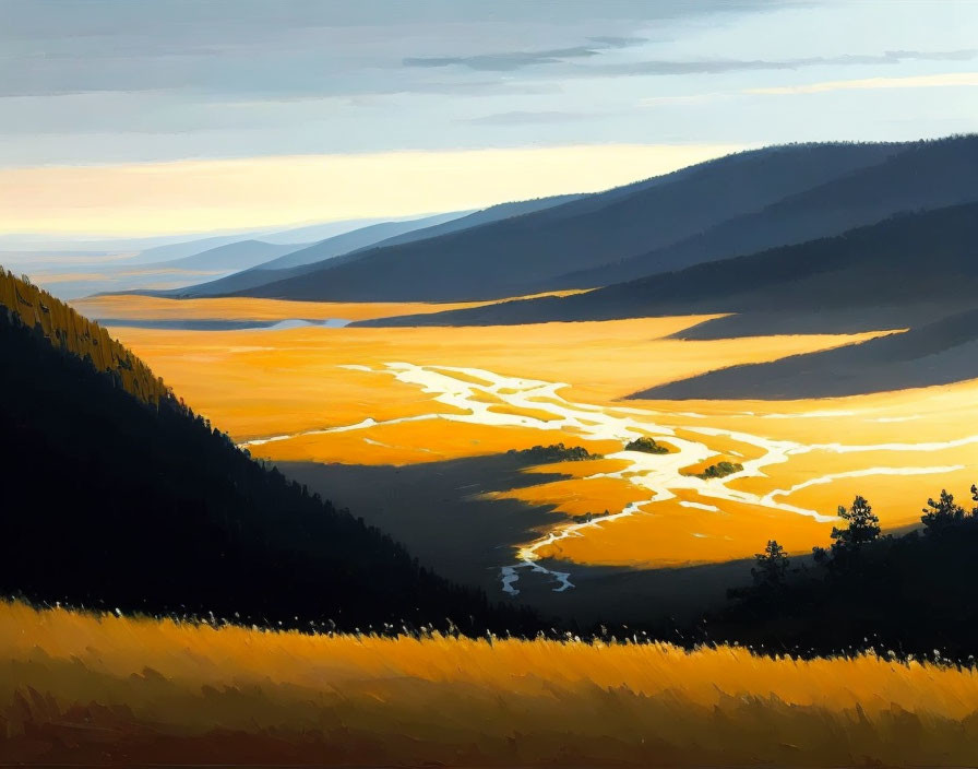 Serene landscape painting: river, meadows, rolling hills, gradient sky