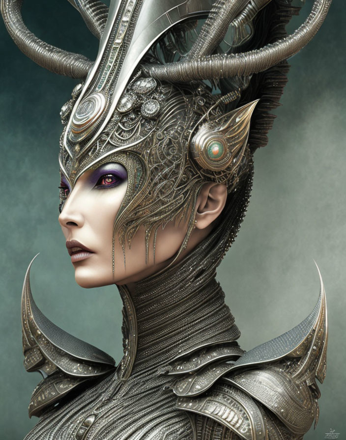 Detailed Artwork: Person in Ornate Metallic Armor with Intricate Designs