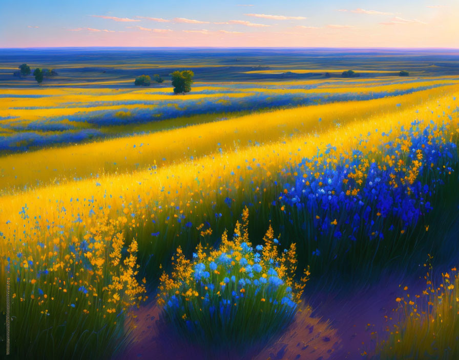 Scenic landscape with yellow and blue wildflowers, winding path, and trees at sunrise or sunset