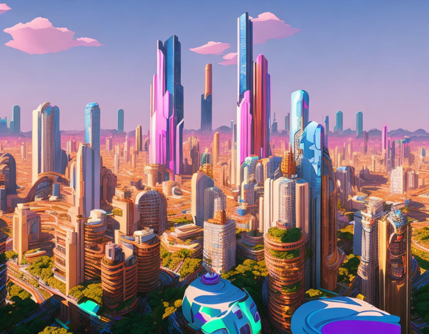 Colorful futuristic cityscape with sleek skyscrapers and clear sky