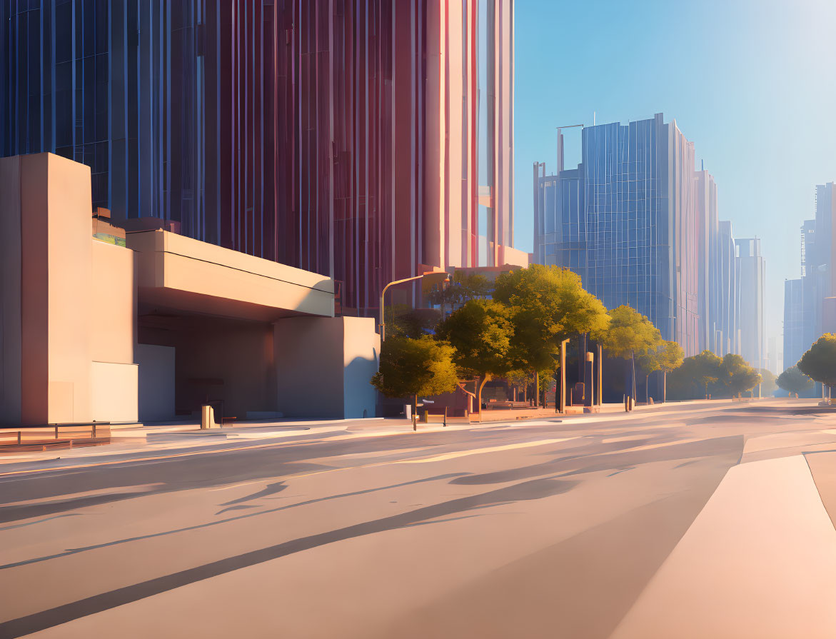 Empty city street with modern skyscrapers and trees under sunlight