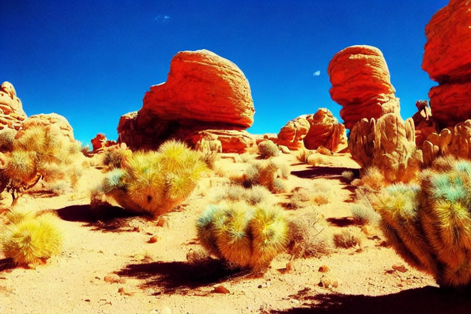 Red Desert Landscape with Towering Rock Formations and Blue Sky