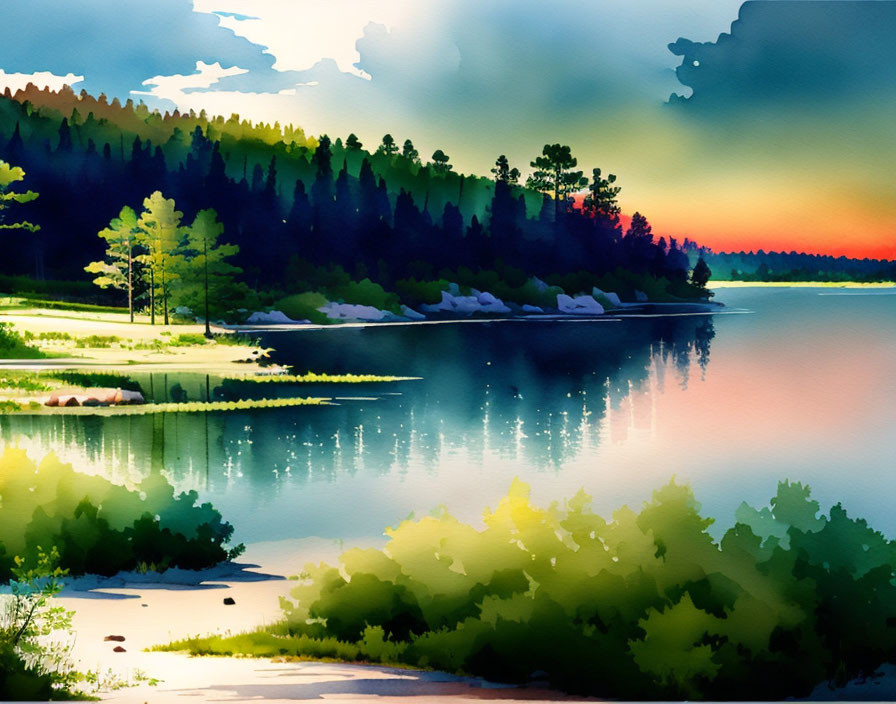 Serene Lake Watercolor Painting with Sunset Reflection