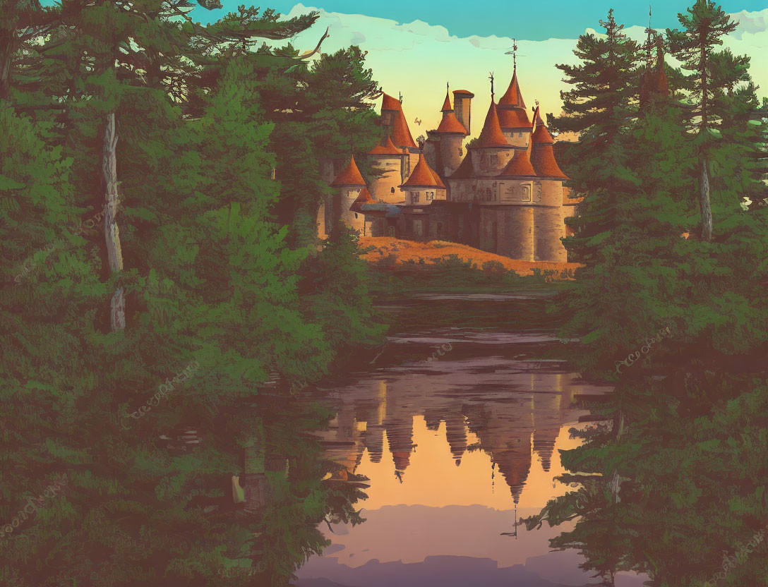 Castle with multiple spires in forest by serene lake at sunset