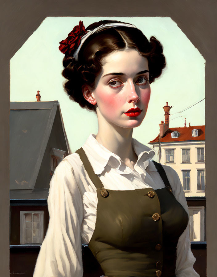 Woman with Red Flower in Hair, White Blouse, Green Overalls, Arched Window & Buildings