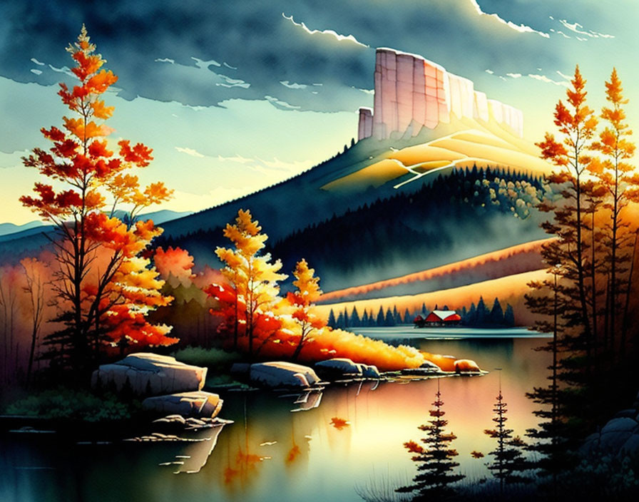 Colorful autumn landscape with lake, cabin, and futuristic building under cloudy sky