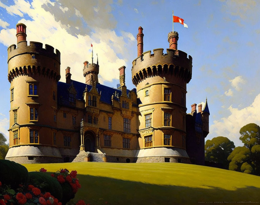 Medieval castle with round towers and turrets against blue sky and lush green lawn.