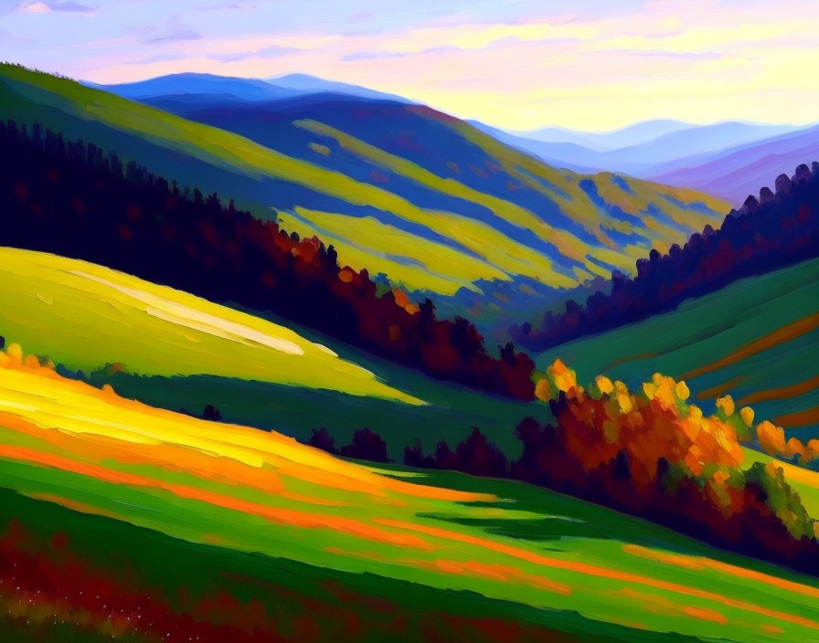 Colorful landscape painting: rolling hills, green, yellow, red layers under blue sky, purple mountains