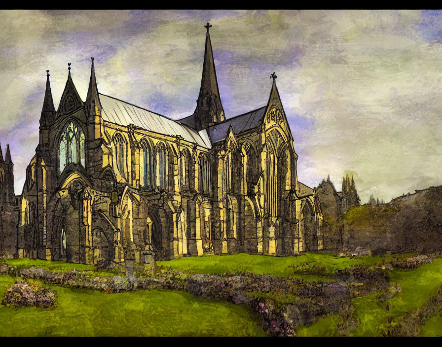 Gothic Cathedral with Pointed Arches and Flying Buttresses in Grassy Landscape