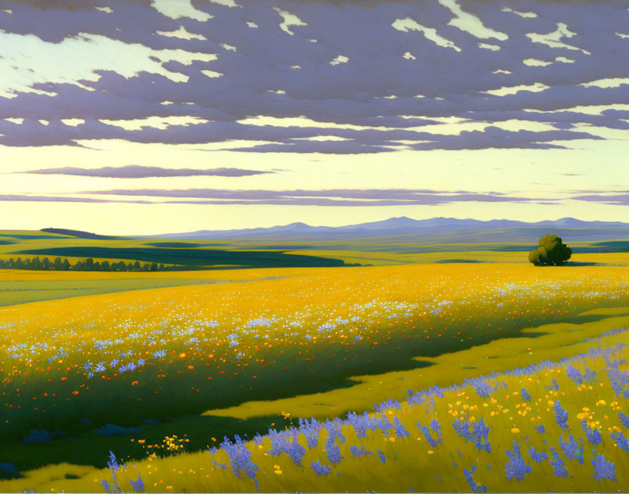 Colorful landscape painting: Flowering meadow in yellow and purple under vast sky