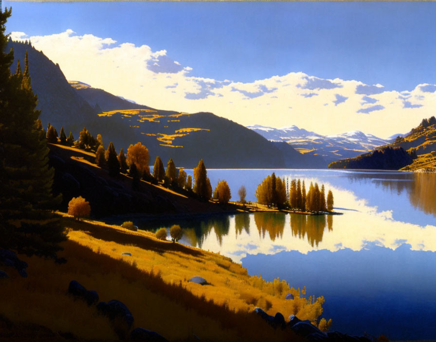 Tranquil landscape with golden trees, lake, and mountains