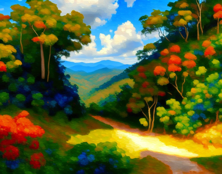 Sunlit Forest Path Painting: Vibrant Colors, Impressionist Style