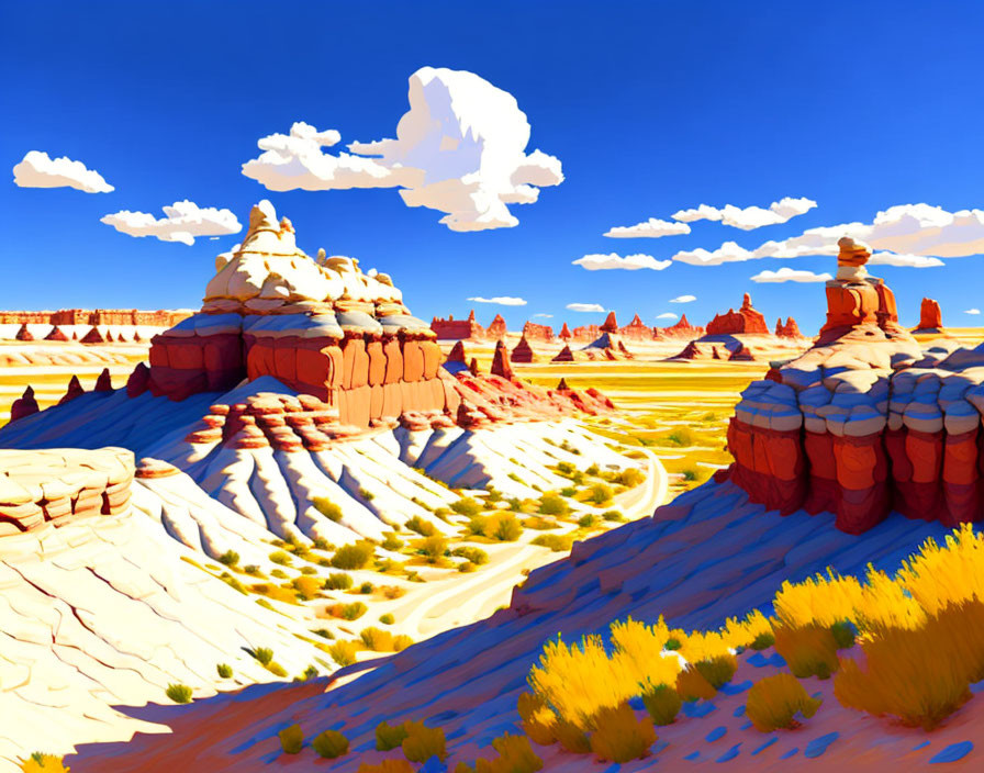 Colorful desert landscape with rock formations and blue skies