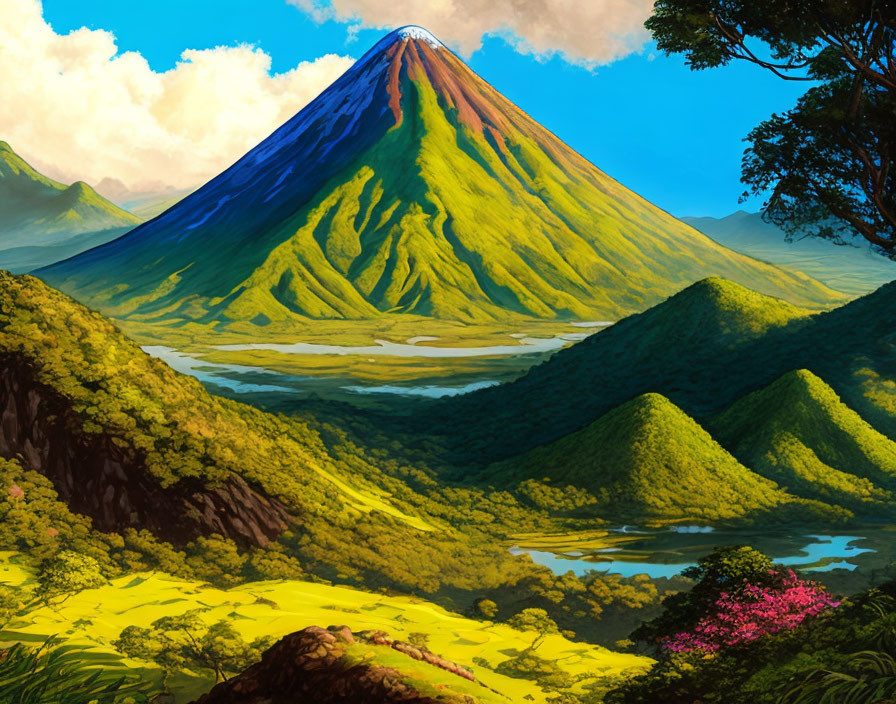 Colorful volcano landscape with lush hills and river under blue sky