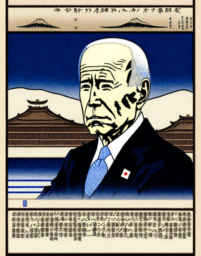 Stylized portrait of man in suit with Japanese flag pin, Mount Fuji backdrop, temple, and