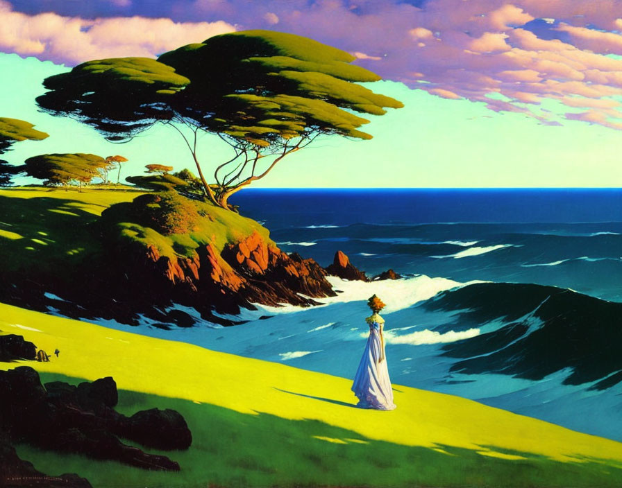 Woman in long dress on grassy dunes by turbulent seas, blue sky & windswept tree