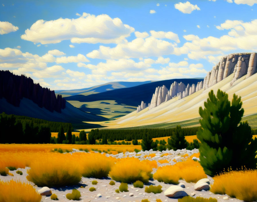 Colorful landscape painting of sunny valley with tree, golden fields, cliffs, and cloudy sky