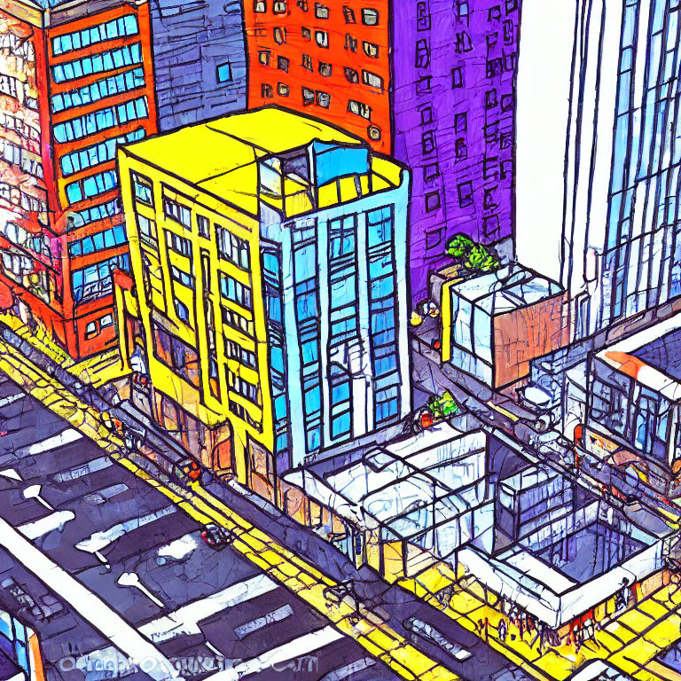 Colorful illustration of vibrant city street with exaggerated buildings