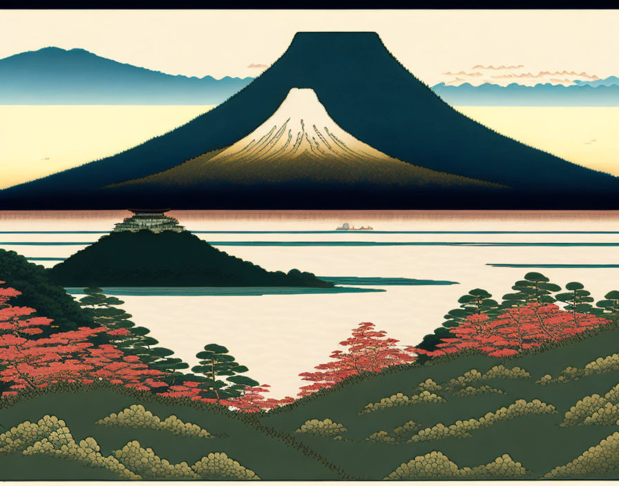 Tranquil landscape with Mount Fuji, lake, and red foliage