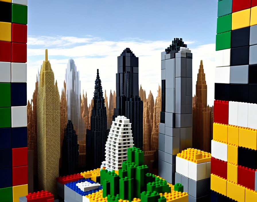 Vibrant cityscape built from plastic blocks under blue sky