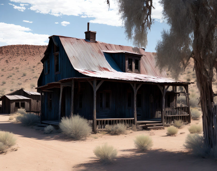 Desert landscape: Weathered blue wooden house with rusty roof and porch