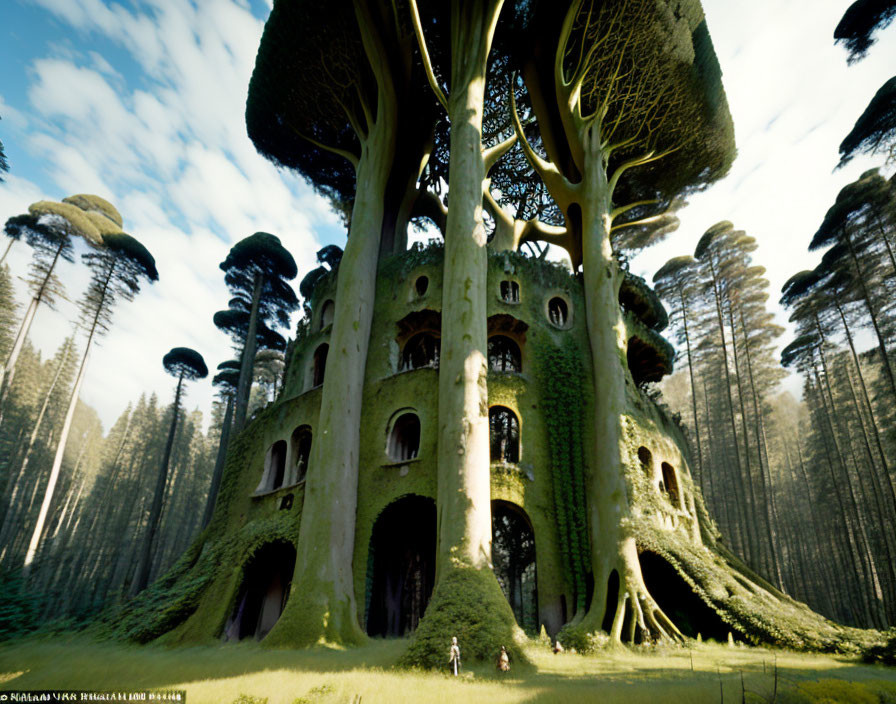 Enchanted forest with giant mushrooms and tree castle