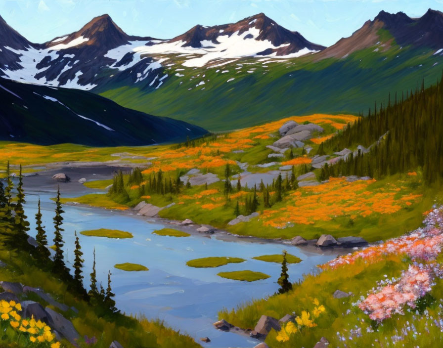 Colorful alpine landscape with river, wildflowers, and snow-capped mountains