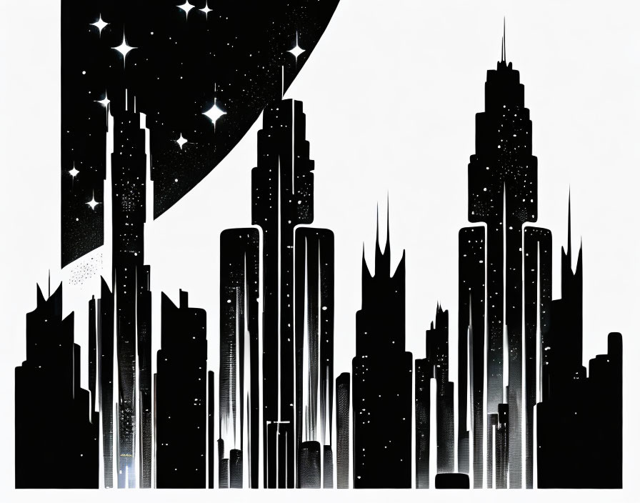 Futuristic black and white cityscape illustration at night