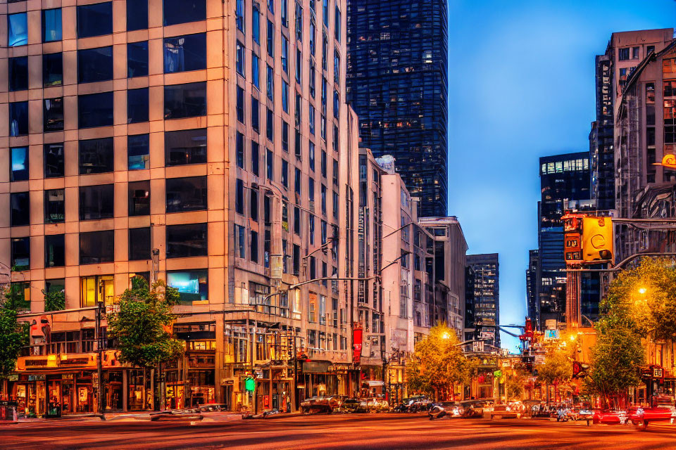 Cityscape with illuminated buildings, busy streets, traffic lights, and blue sky blending into urban lights.