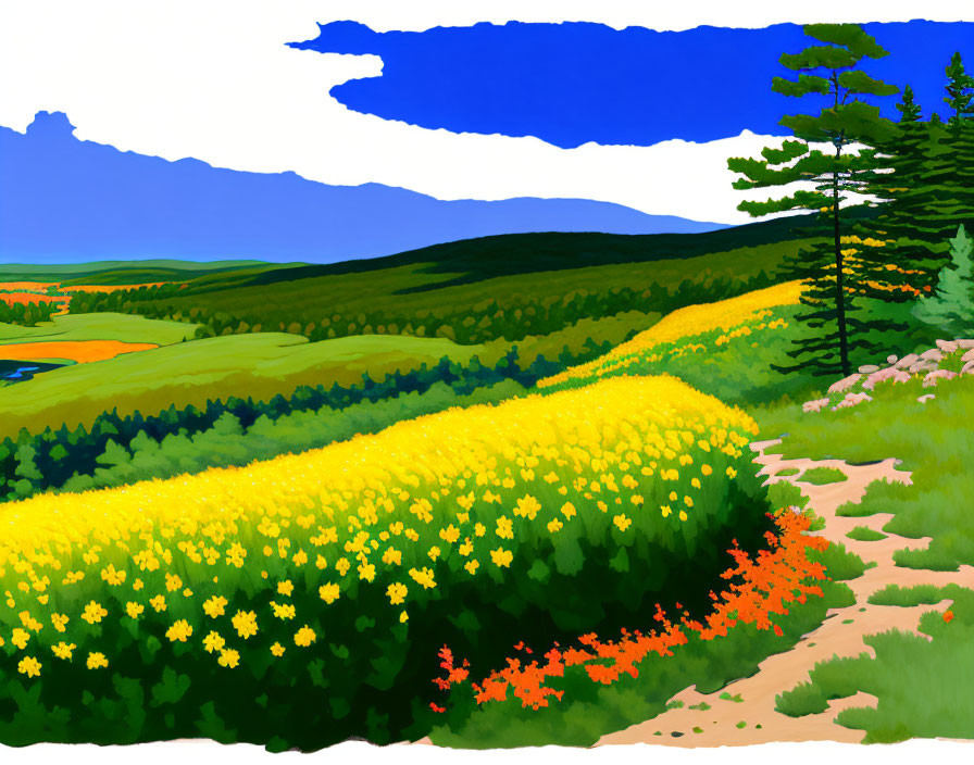 Scenic landscape painting: trail, yellow flowers, pine tree, blue sky, distant hills