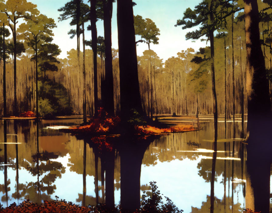 Tranquil swamp scene with tall trees, calm waters, and vibrant red foliage