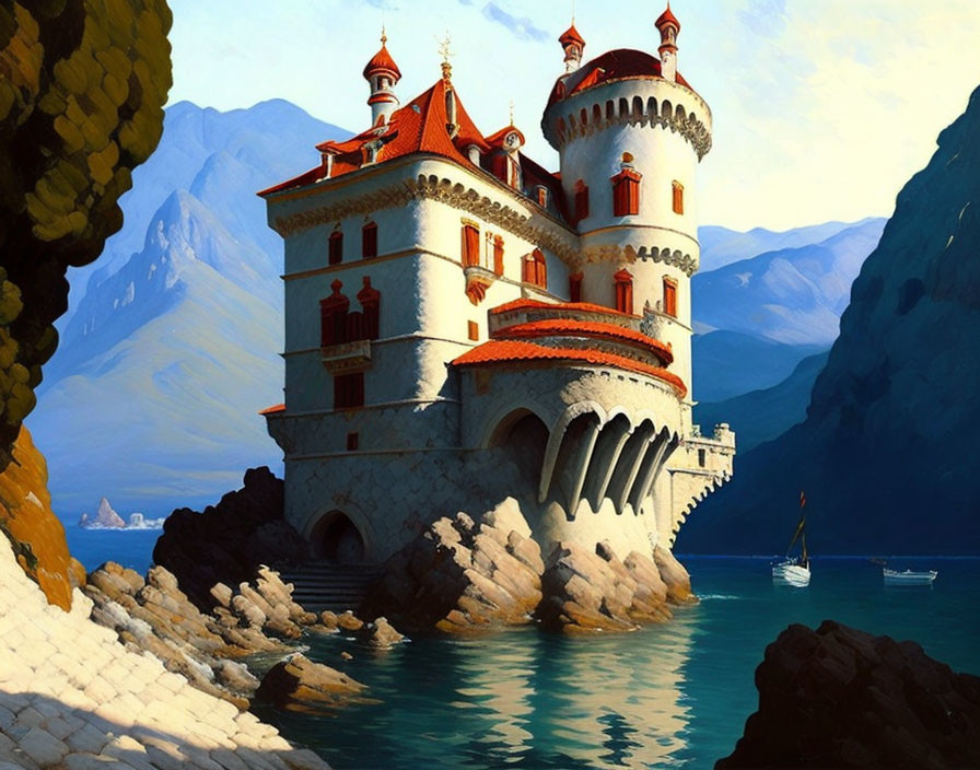 Seaside castle with red-roofed towers on cliff by mountains and boat in azure waters