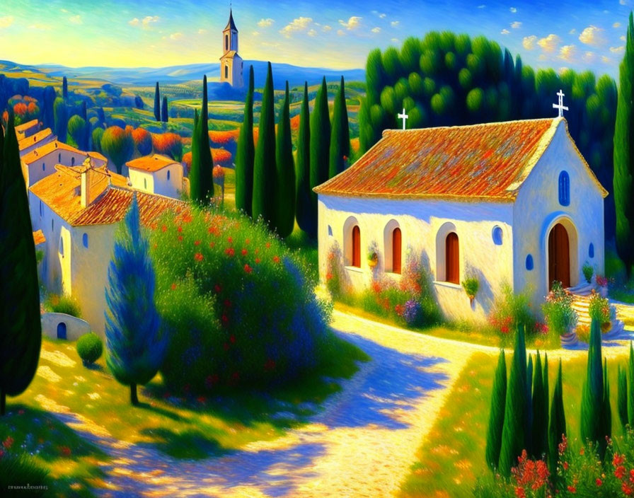 Colorful Painting of Quaint Village Church in Lush Greenery