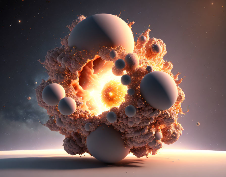 Abstract 3D digital artwork: Spherical shapes with textured particles on warm celestial backdrop