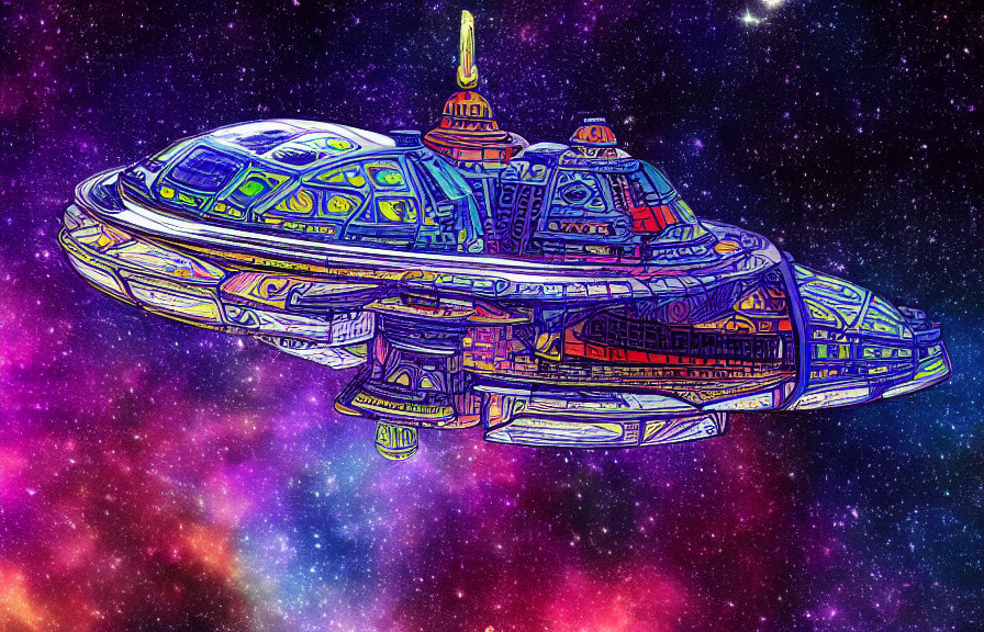 Detailed Futuristic Spaceship Illustration in Vibrant Colors