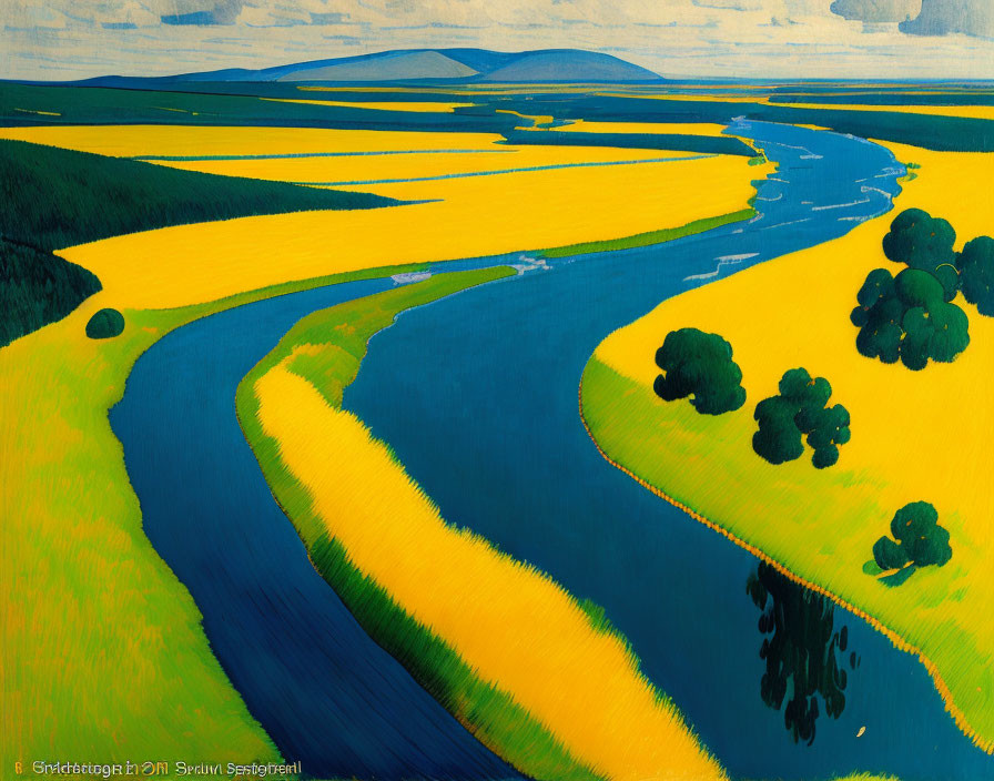 Vibrant landscape painting: blue rivers, yellow fields, trees, distant hills