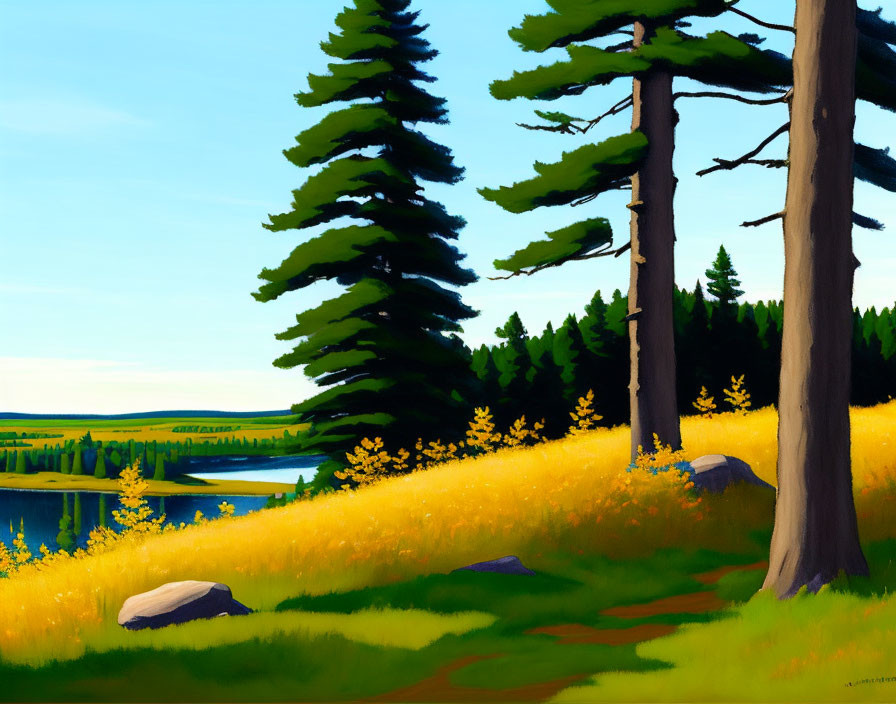 Scenic landscape painting with pine trees, meadow, and river