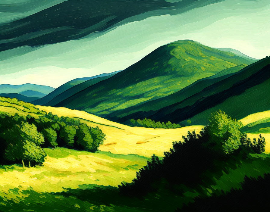 Stylized painting: Rolling green hills under dramatic sky