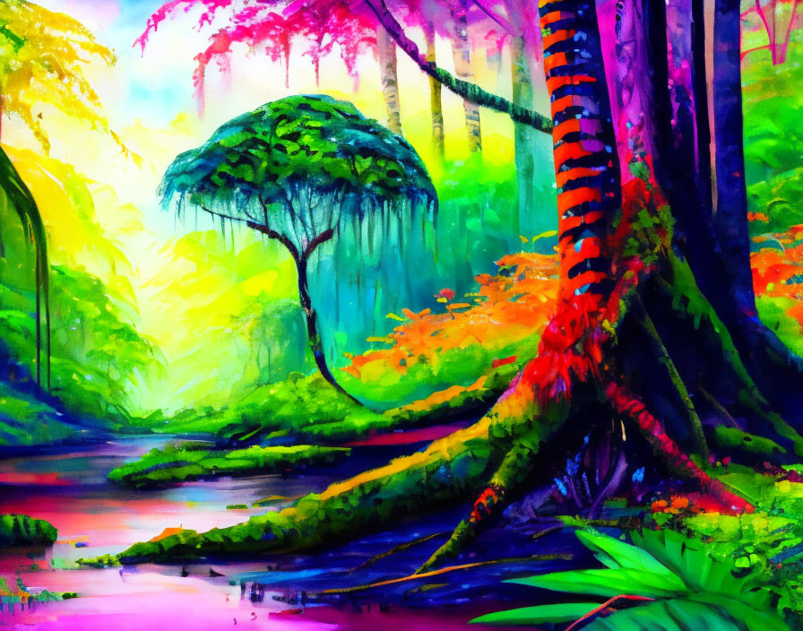 Colorful Whimsical Forest Painting with Reflective River