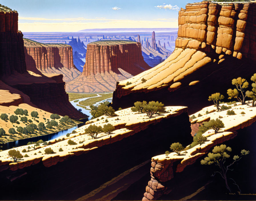 Desert Canyon Painting with River, Trees, and Blue Sky