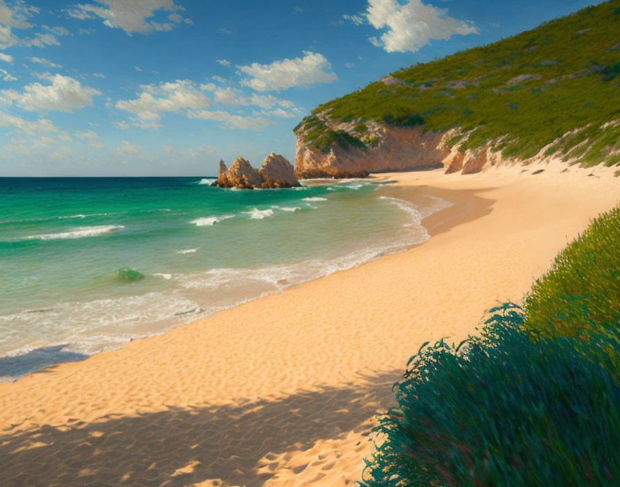 Tranquil beach scene with golden sand, turquoise waves, green hillside, and rocky outc