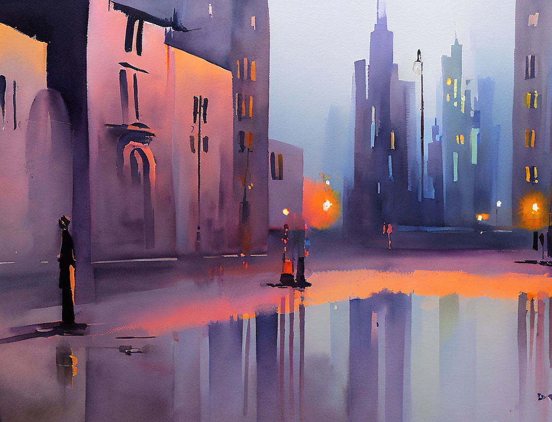 Twilight watercolor cityscape with silhouetted figures & glowing lights