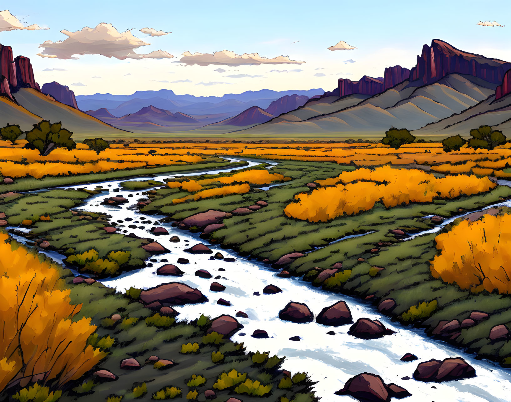 Scenic river landscape with golden foliage and red cliffs